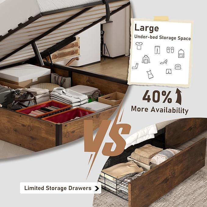 Queen Size Lift-Up Storage Platform Bed Frame, Metal Bed Frame with Wooden Slats Support, Spacious Underneath Storage, No Box Spring Required, Noise-Free, Rustic Brown