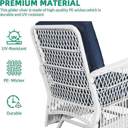 VIVIJASON 4-Piece Outdoor Patio White Wicker Conversation Sets, All Weather Rattan Furniture Set Includes Glider Loveseat, Coffee Table, 2 Glider Rocker Chairs w/Cushion for Lawn Balcony, Navy Blue