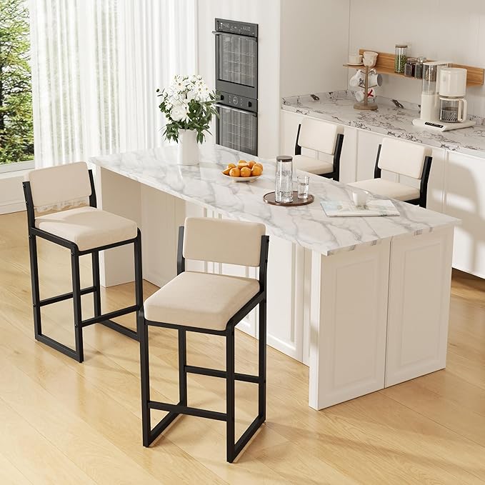 Bar Stools Set of 2, Fabric Counter Height Bar Stools with High Back and Metal Legs, Upholstered Bar Chairs, 26" Modern Barstools for Kitchen Island, Camel