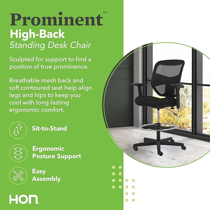 HON Prominent Mesh Ergonomic Standing Office Drafting Chair with Adjustable Arms, Footrest, 360 Swivel Task Chair for Computers, Desk, Home Office, Black