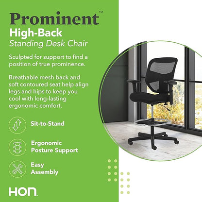 HON Prominent Mesh Ergonomic Standing Office Drafting Chair with Adjustable Arms, Footrest, 360 Swivel Task Chair for Computers, Desk, Home Office, Black