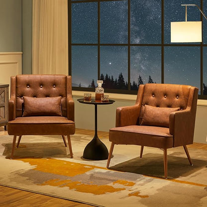 Yaheetech Accent Chair, Living Room Chair Mid Century PU Leather Armchair Lumbar Pillow, Comfy Upholstered Reading Chair Wood Leg Bedroom Lounge Brown