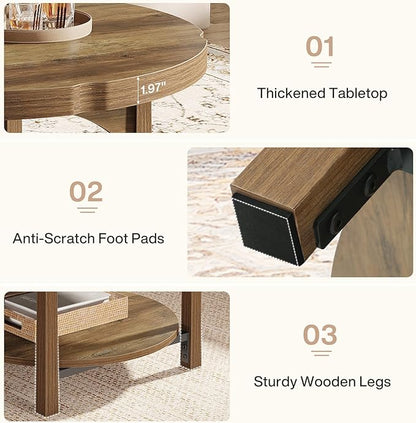 Tribesigns Round Coffee Table, 2-Tier Farmhouse Center Table with Storage Shelf, Rustic Wooden Cocktail Tables for Living Room