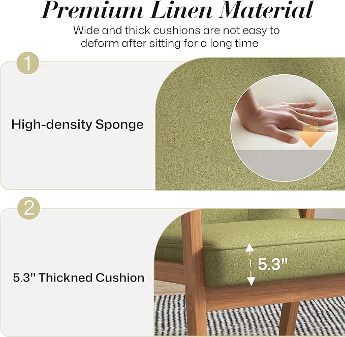 KCC Mid-Century Modern Linen Fabric Accent Chair, Upholstered Tufted Leisure Chair Comfy Reading Side Chair with Armrest and Solid Wood Frame for Living Room Bedroom Balcony(Green)
