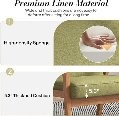 KCC Mid-Century Modern Linen Fabric Accent Chair Set of 2, Upholstered Tufted Leisure Chair Comfy Reading Side Chair with Armrest and Solid Wood Frame for Living Room Bedroom Balcony(Green)