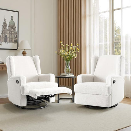 Boucle Swivel Glider Recliner Chair for Adults - Plush High Back Rocker with Deep Seat, Manual Reclining Upholstered Armchair for Living Room or Nursery, Textured Fabric Accent Chair-White