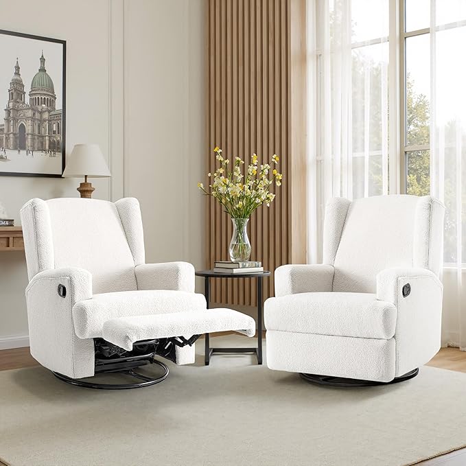 Boucle Swivel Glider Recliner Chairs Set of 2 for Adults - Plush High Back Rockers with Deep Seat, Coordinating Manual Recliners for Living Room, Luxury Upholstered Armchairs-White
