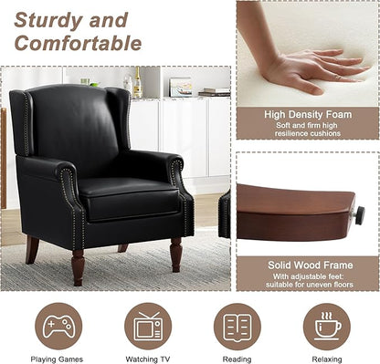 Pia Ricco Set of 2 Faux Leather Accent Chairs, High Back Wingback Armchairs with Retro Floral Design, Nailhead Trim & Solid Wood Legs for Living Room Bedroom (Black)