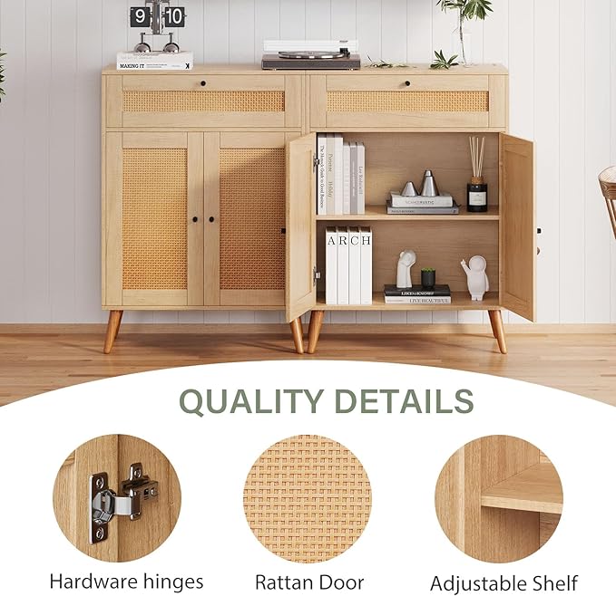 Rattan Storage Cabinet, 2-Door Oak Sideboard with Drawers, Buffet Sideboards with Storage, Elegant Boho Design for Dining Room or Living Room, 1 Drawer for Extra Organization