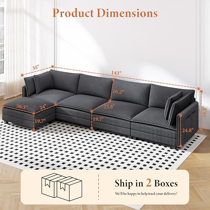 Vesgantti 143" L Shaped Modular Sectional Couch, Comfy Corduroy Upholstered Cloud Couches for Living Room, Modern 3 Seater Sofa with Movable Ottoman & Throw Pillows, Charcoal Grey