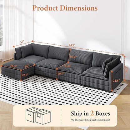Vesgantti 143" L Shaped Modular Sectional Couch, Comfy Corduroy Upholstered Cloud Couches for Living Room, Modern 3 Seater Sofa with Movable Ottoman & Throw Pillows, Charcoal Grey