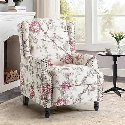 UIXE Pushback Floral Recliner Chair, Fabric Upholstered Armchair Push Back Accent Chair for Living Room, Rivet Trim Club Chair Home Theater Single Sofa Reading Seat - Beige Floral