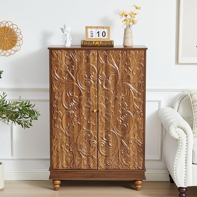 Sideboard Buffet Cabinet with Storage, Kitchen Storage Cabinet with Adjustable Shelves and 2 Doors, Vintage Accent Table for Living Room, Hallway (Walnut)