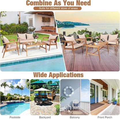 COSTWAY 4 Pieces Acacia Wood Patio Conversation Set, Outdoor Wicker Sofa with Coffee Table & Cushions, Patio Rattan Furniture Set for Yard, Porch, Poolside, Balcony, Backyard, Beige