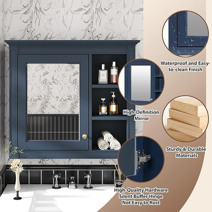 Bathroom Wall Cabinet with Mirror, 30'' x 28'' Medicine Cabinet with Mirror Door and Adjustable Shelves, Over Toilet Storage Cabinet, Wall-Mounted Bathroom Mirrors for Over Sink with Storage