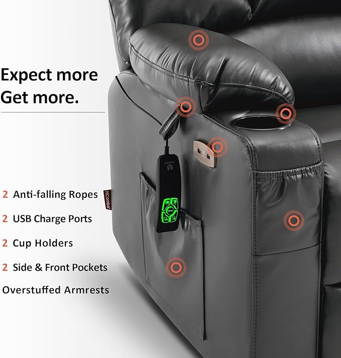 MCombo Oversized Dual Motor Power Lift Recliner Chair Sofa with Massage and Heat for Big Elderly People, Infinite Position, USB Ports, Faux Leather R7677 (Dark Grey, Medium-Oversize)