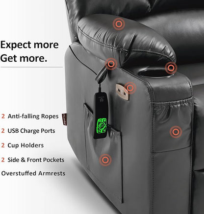 MCombo Oversized Dual Motor Power Lift Recliner Chair Sofa with Massage and Heat for Big Elderly People, Infinite Position, USB Ports, Faux Leather R7677 (Dark Grey, Medium-Oversize)