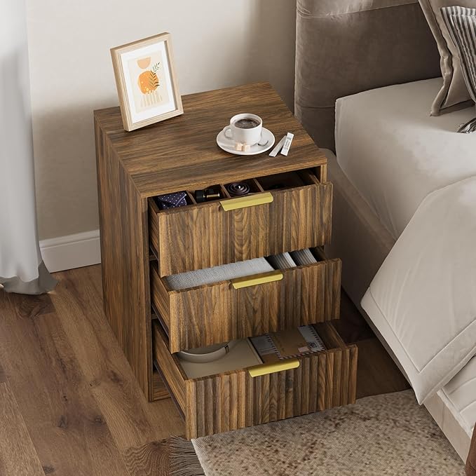 3-Piece Modern Bedroom Furniture Set, Wide 6-Drawer Dresser & 3-Drawer Nightstands Set of 2, Natural Wood Dresser and Nightstand Sets for Bedroom, Hallway, Walnut