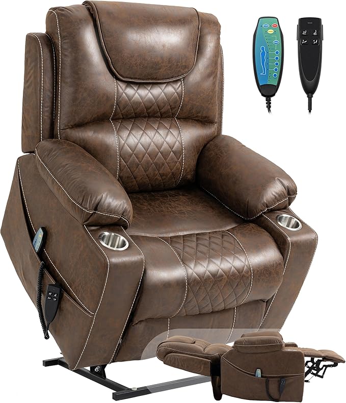 Large Power Lift Recliner Chair Sofa with Massage and Heat for Big and Tall Elderly,Infinite Positions,Dual Motor,Cup Holders,Extended Footrest,Air Leather Home Theater Seat
