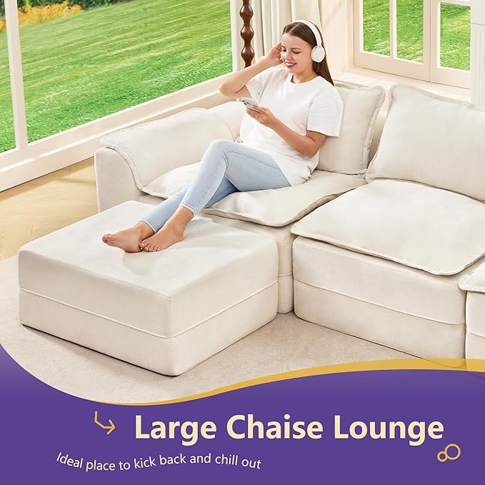 Hobestluk 120" Cloud Modular Sectional Couch 3-Seater Sofa with Ottoman L Shaped Sofa with Removable Cover Large Sofa Couch for Living Room (Beige, 3-Seater Sofa with One Ottoman)