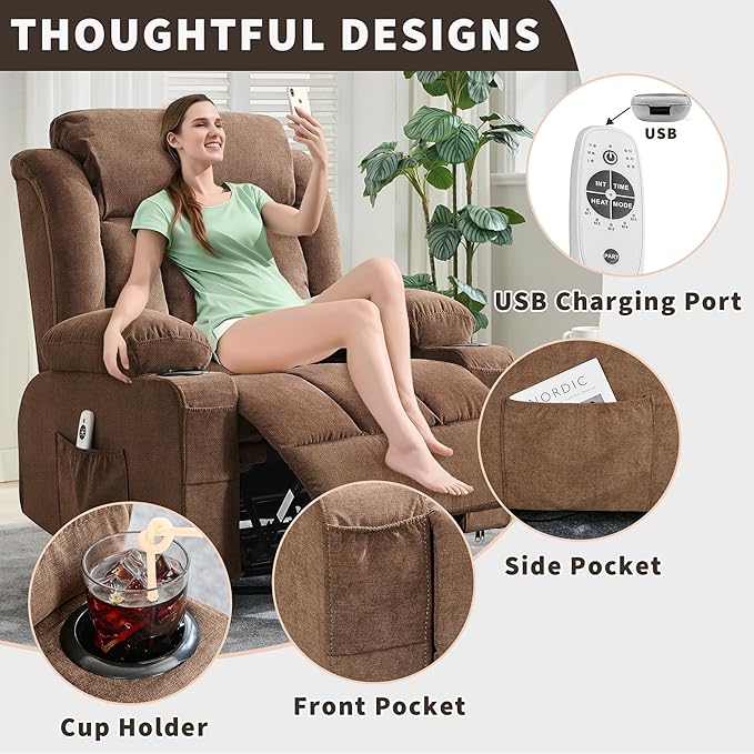 Rocking Recliner Chair with Heat and Massage, Nursery Recliner 360° Swivel Oversized Chairs for Adults, Lazy Boy Single Sofa Seat with 3 Positions, 2 Side Pockets, Cup Holders, and USB Ports, Brown