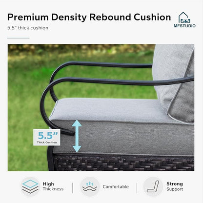 MFSTUDIO 5 PCS Outdoor Patio Furniture Set, Metal Outdoor Conversation Set, Rattan Wicker Patio Sectional Sofa Set with 2 x Rocking Single Sofa, 2-Seat and 3-Seat Sofa, 1 x Coffee Table, Grey