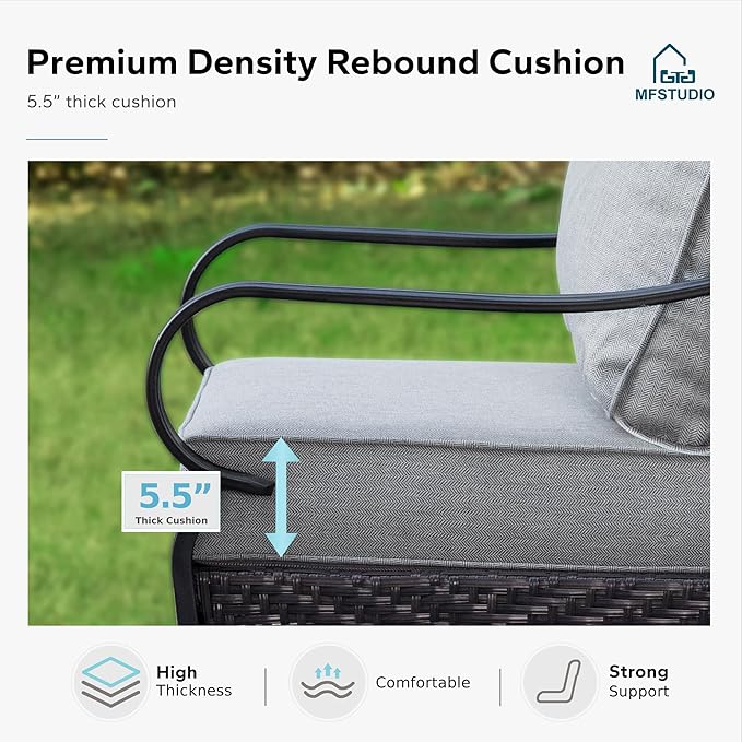 MFSTUDIO 4 Pieces Outdoor Patio Furniture Set, Metal Outdoor Conversation Set, Rattan Wicker Patio Sectional Sofa Set with 2 x Swivel Single Sofa, 2-Seat Sofa, 1 x Coffee Table, Grey