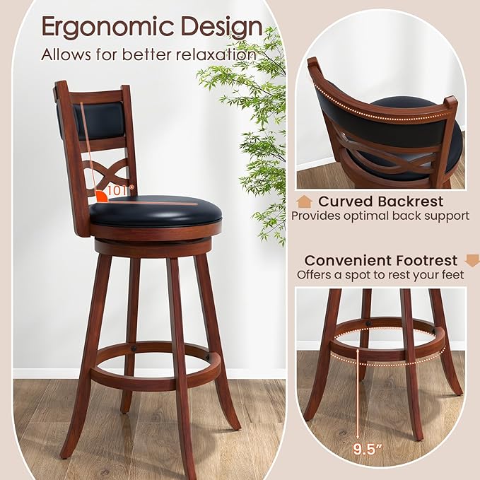 COSTWAY Bar Stools Set of 4, 29.5” Bar Height Stools with Rubber Wood Frame, Faux Leather Upholstered Seat and Backrest, Swivel Barstools for Kitchen Island, Pub, Brown (4, Seat Height: 29.5”)