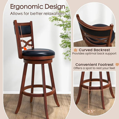 COSTWAY Bar Stools Set of 2, 29.5” Bar Height Stools with Rubber Wood Frame, Faux Leather Upholstered Seat and Backrest, Swivel Barstools for Kitchen Island, Pub, Brown (2, Seat Height: 29.5”)