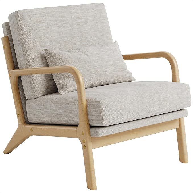 Claiks Mid-Century Modern Accent Chair, Living Room Armchair with Solid Wood Frame & Lumbar Pillow, Comfy Upholstered Lounge Chair for Bedroom, Office, Linen-Like Fabric, Light Gray