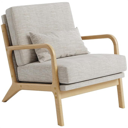 Claiks Mid-Century Modern Accent Chair, Living Room Armchair with Solid Wood Frame & Lumbar Pillow, Comfy Upholstered Lounge Chair for Bedroom, Office, Linen-Like Fabric, Light Gray
