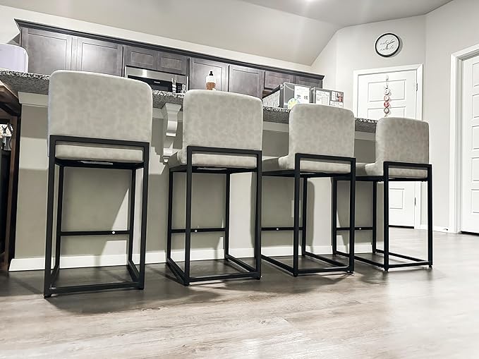Alpha Home 24 Inch Bar Stools Set of 4, Kitchen Counter Stools with Backs, PU Leather Barstools, Kitchen Stools with Back&Upholstered Footrest, Sturdy Chromed Metal Steel Frame, Light Gray