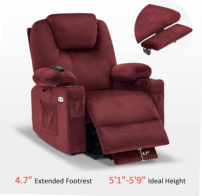 MCombo Power Lift Recliner Chair for Elderly, Lift Chair with Heat and Massage, USB&Type C Ports, Extended Footrest, Cup Holders, Fabric 7040 (Medium, Carmine Red)