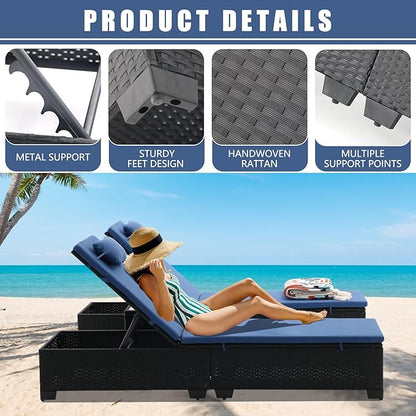 3 PCS Patio Chaise Lounge with Coffee Table Cushion&Pillow Outdoor Lounge Chair Chaise Lounger Patio Reclining Chair 5 Angle Adjustment Black PE Rattan for Courtyards Poolside (Navy)