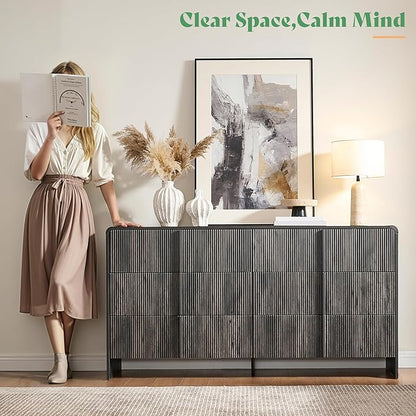 AMERLIFE 63" Fluted 6 Drawer Dresser, Long Modern Chest of Storage Drawers with Pine Handles, Rounded Corners & Anti-Tip Design, Wood Closet Organizer for Bedroom, Living Room, Nursery, Black