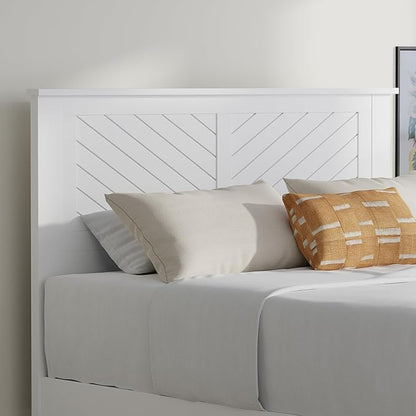 Serene Poplar Wood Full Size Headboard in White, Modern Farmhouse Panel with Chevron Scoring, Casual Coastal Style, Easy Assembly, Quality Materials