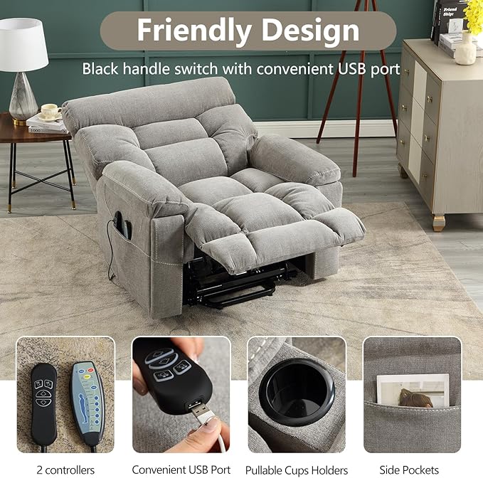 CANMOV Dual Motor Power Lift Recliner Chair for Elderly, 27" Extra-Wide Seat 450 lbs Weight Capacity Infinite Position Adjustment, with Heated Massage, Cup Holders and USB Port, Grey Fabric