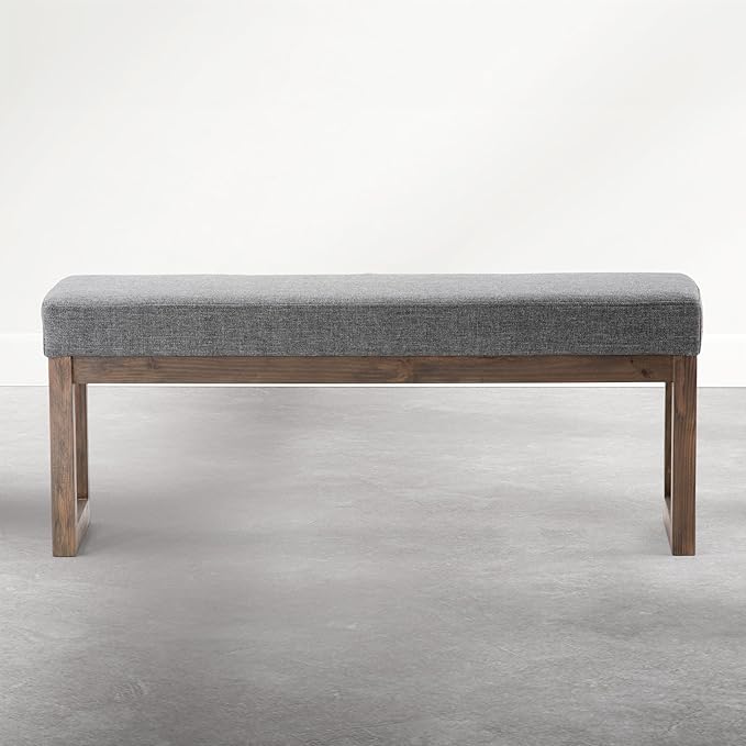 SIMPLIHOME Milltown Large Ottoman Bench - 44 inch Wide Upholstered Solid Wood Rectangular Ottoman Bench in Parisian Grey, Contemporary Entryway or Bedroom Bench with Cushioned Seat and Narrow Profile