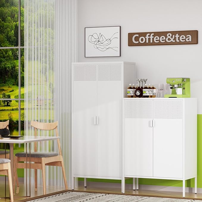 61 Inches Metal Storage Cabinet with Doors and Shelves, 4 Tier Kitchen Pantry Cabinet, Multi-Purpose Metal Cabinet for Home, Dining, Laundry, Living, Bathroom and Utility Rooms (White)