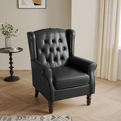 Lumibee High Back Accent Chair,Upholstered Faux Leather Wingback Armchair with Solid Wood Legs for Small Spaces,Comfy Single Sofa Chair for Living Room,Bedroom,Office-Black