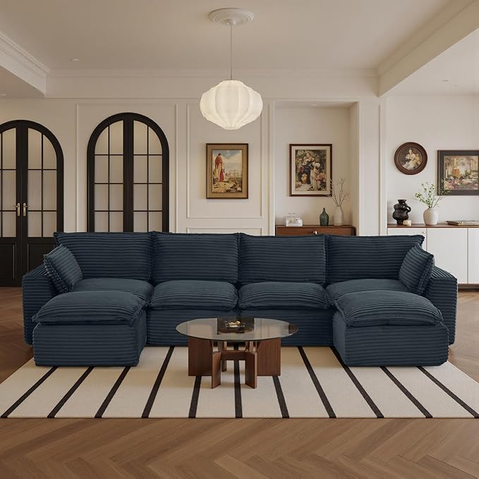 108" Sectional Couches for Living Room Boneless Couch Upholstered Cloud Couch Sectional Modular Sectional Sofa with L Shaped (Corduroy-Blue, 4 Seat+2 Ottoman)