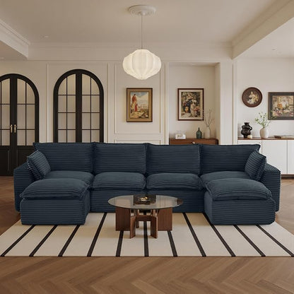 108" Sectional Couches for Living Room Boneless Couch Upholstered Cloud Couch Sectional Modular Sectional Sofa with L Shaped (Corduroy-Blue, 4 Seat+2 Ottoman)