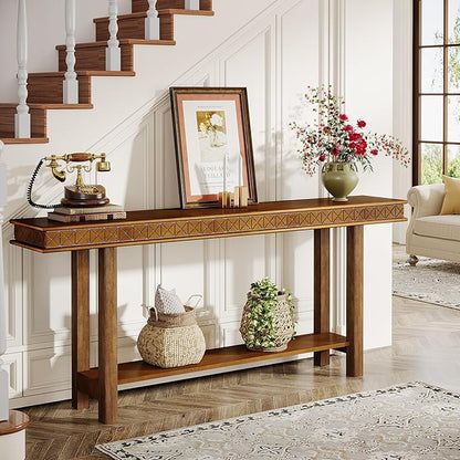 Tribesigns 70.9-Inch Extra Long Console Table, Solid Wood Sofa Table Behind Couch Narrow Long, 2-Tier Entryway Accent Table with Storage for Living Room, Hallway, Entrance, Foyer, Rustic Brown