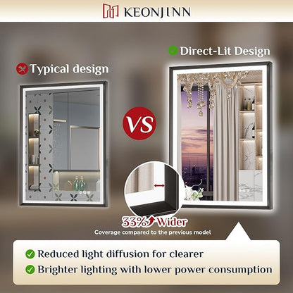 Keonjinn 30" x 36" LED Bathroom Mirror with Frontlit & Backlit, Black Metal Framed Mirror for Wall, Antifog, Stepless 3 Colors Temperature, UL-Listed LED Driver, Tempered Glass