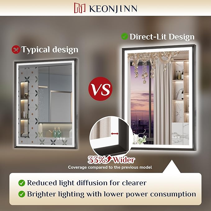 Keonjinn Black LED Mirror for Bathroom 40 x 32 Inch with Frontlit & Backlit, Metal Frame Mirror with Stepless 3-Color Lights, Antifog Dimmable, UL-Listed Driver,Tempered Glass(Horizontal/Vertical)