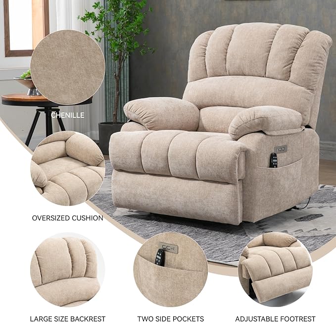 Power Lift Recliner Chair for Elderly with Heat Function, 8 Node Massage with 3 Modes, Silent Operation, Oversized Electric Lift Recliner Single Sofa for Living Room with USB Charging, Beige