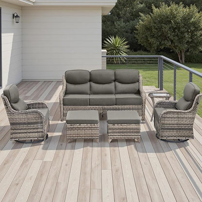 Wicker Outdoor Patio Furniture Set - 6 Piece Patio Conversation Sets with Swivel Rocker Chairs, Ottomans, Sofa and Side Table, 6 inch Cushions, Waterproof Wicker, for Porch Deck Mixed Grey/Grey