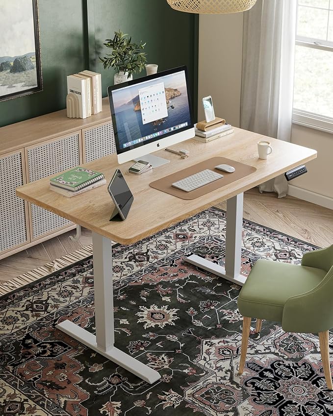 FEZIBO One-Piece Standing Desk Adjustable Height Stand up Home Office Desk, 40x24 Inch Electric Standing Computer Desk, with 4 Memory Presets, Headphone Hook, Maple