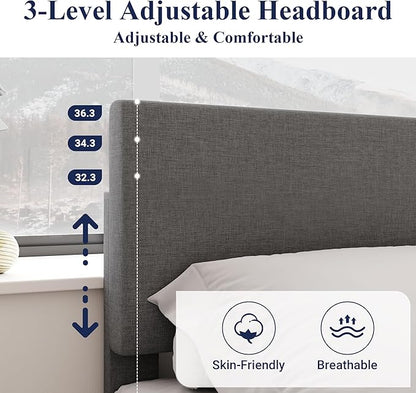 Allewie Full Size Bed Frame with Adjustable Headboard, Upholstered Platform Bed with Wood Slats, Heavy Duty Mattress Foundation, No Box Spring Needed, Noise-Free, Easy Assembly, Dark Grey