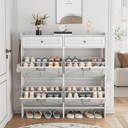 Shoe Cabinet with 4 Flip Drawers & 2 Top Drawers, 43" Tall Freestanding Shoe Storage Organizer for Entryway, Wooden Narrow Hidden Slim Shoe Rack for Front Door Entrance, Hallway, Living Room, White